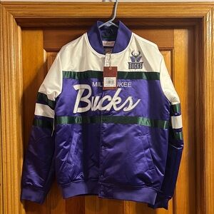 Mitchell & Ness Purple and White Milwaukee Bucks Satin Bomber Jacket